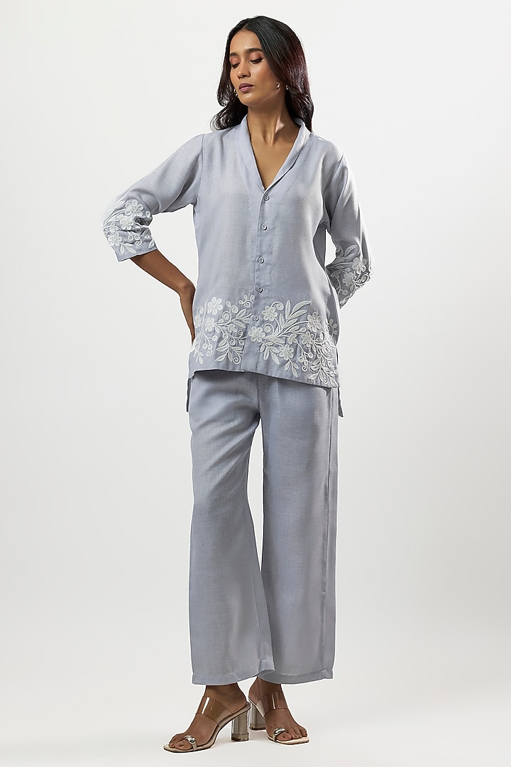 Blue Linen Blend Embroidered Co-Ord Set by Linera at Pernia's Pop Up Shop