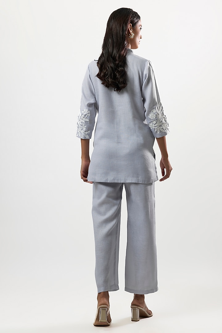 Blue Linen Blend Embroidered Co-Ord Set by Linera at Pernia's Pop Up Shop