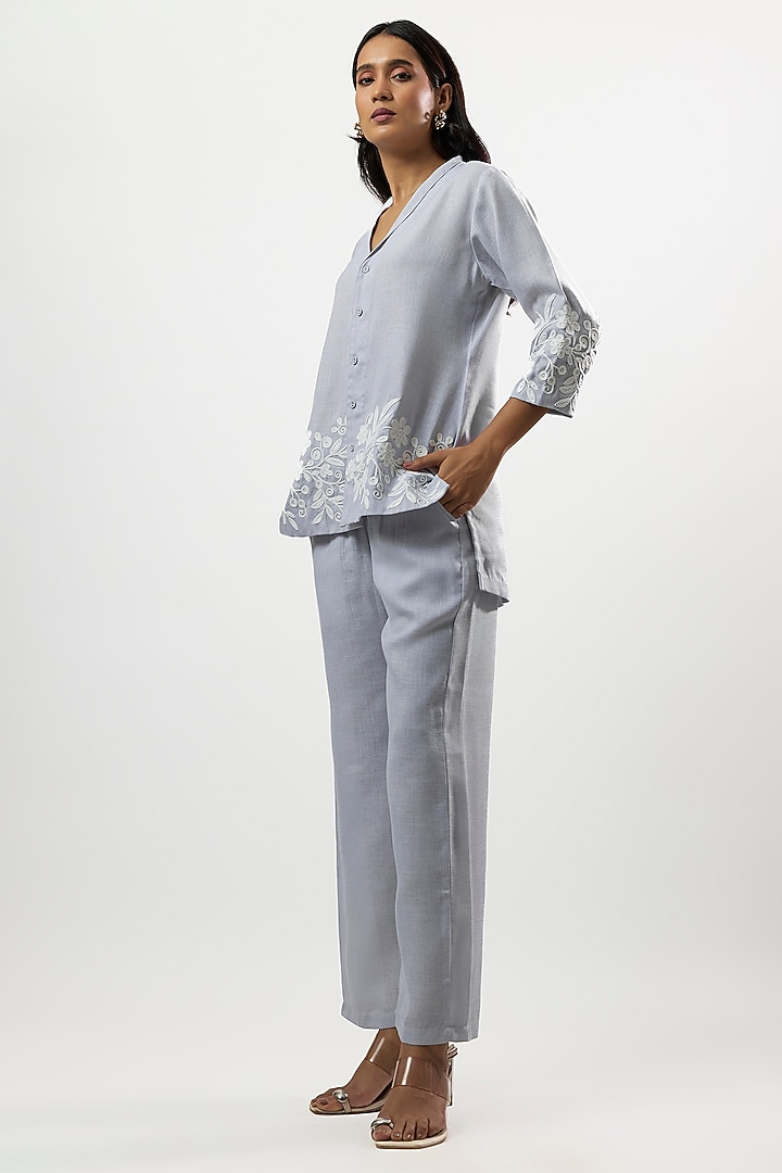 Blue Linen Blend Embroidered Co-Ord Set by Linera at Pernia's Pop Up Shop