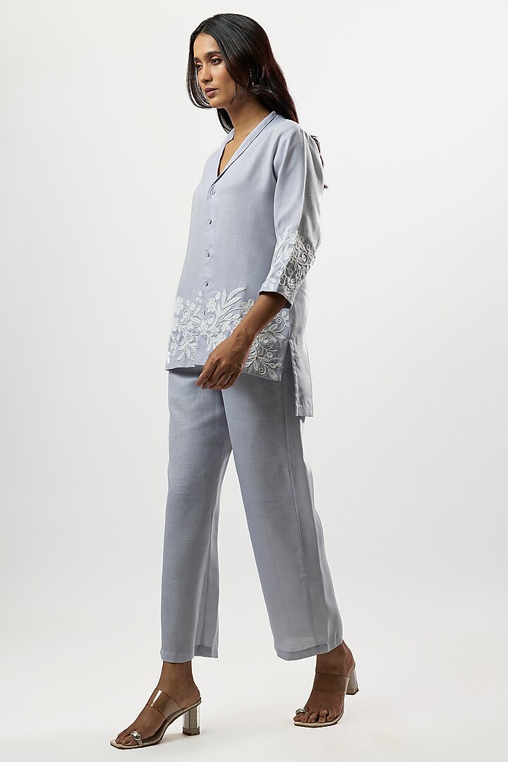 Blue Linen Blend Embroidered Co-Ord Set by Linera at Pernia's Pop Up Shop