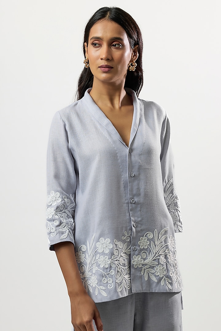 Blue Linen Blend Embroidered Co-Ord Set by Linera at Pernia's Pop Up Shop