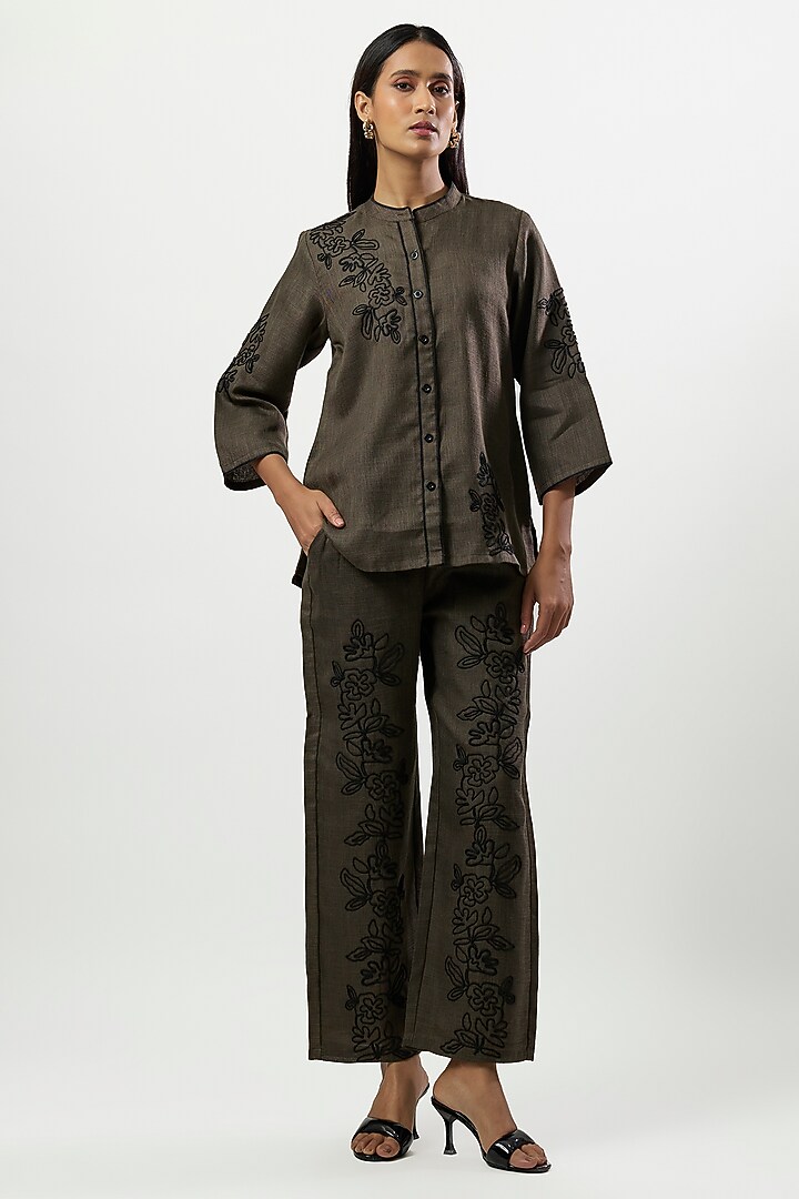 Olive Green Linen Blend Embroidered Co-Ord Set by Linera at Pernia's Pop Up Shop