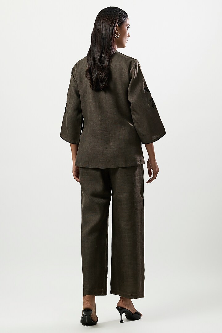 Olive Green Linen Blend Embroidered Co-Ord Set by Linera at Pernia's Pop Up Shop