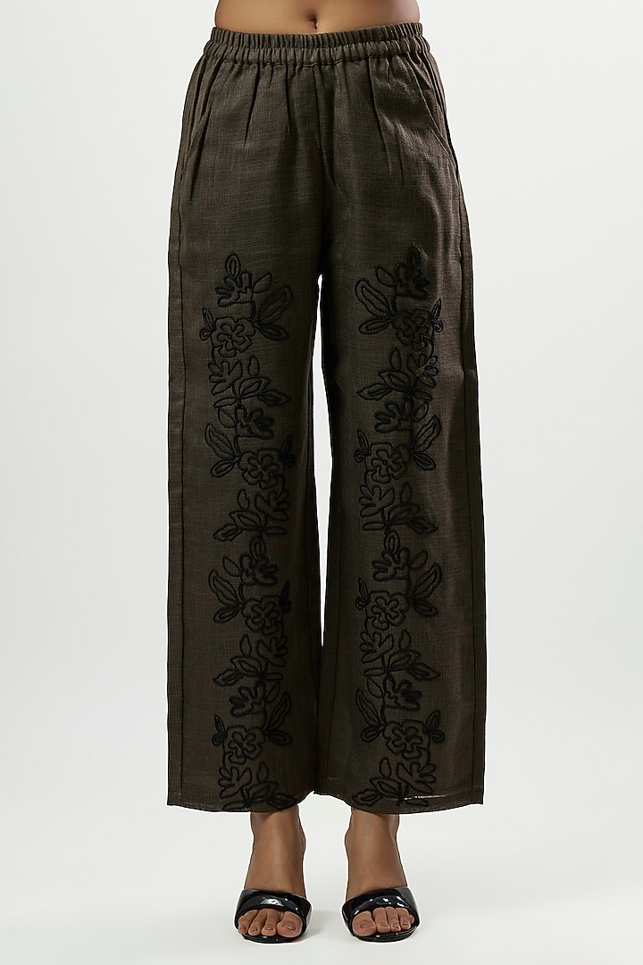 Olive Green Linen Blend Embroidered Co-Ord Set by Linera at Pernia's Pop Up Shop