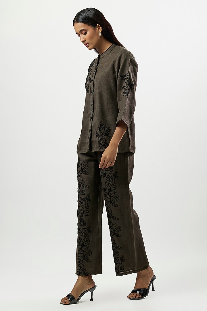 Olive Green Linen Blend Embroidered Co-Ord Set by Linera at Pernia's Pop Up Shop