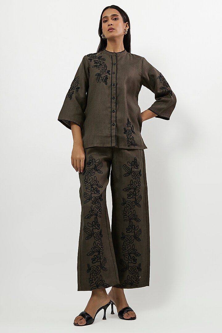 Olive Green Linen Blend Embroidered Co-Ord Set by Linera at Pernia's Pop Up Shop