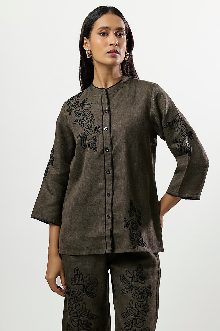 Olive Green Linen Blend Embroidered Co-Ord Set by Linera at Pernia's Pop Up Shop