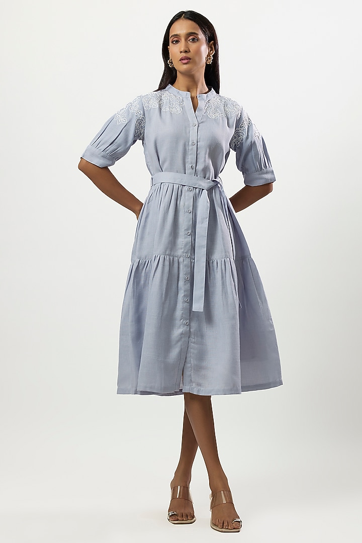 Light Blue Linen Blend Embroidered Summer Dress by Linera at Pernia's Pop Up Shop