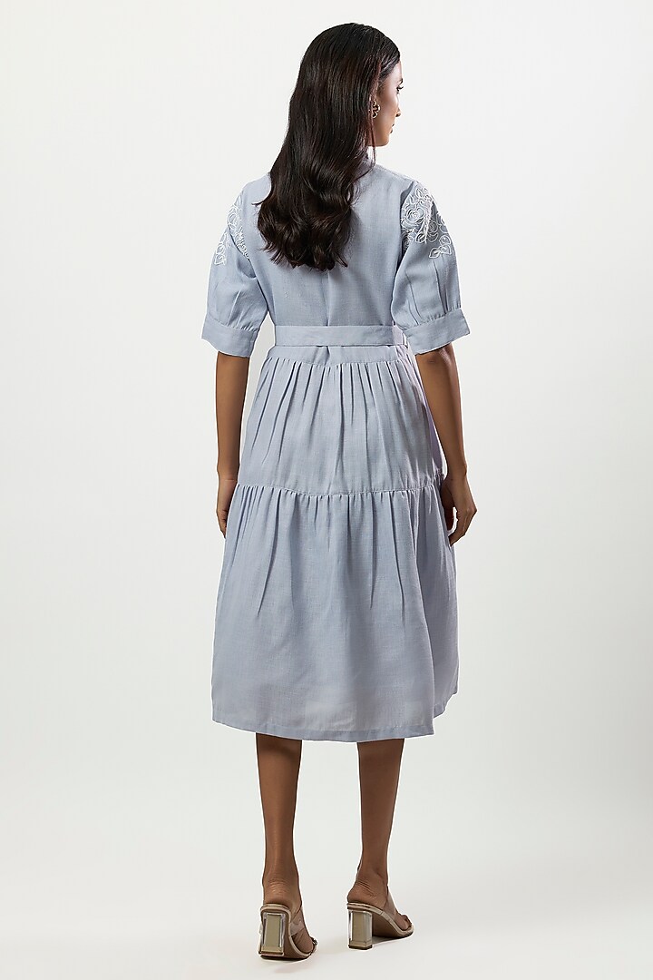 Light Blue Linen Blend Embroidered Summer Dress by Linera at Pernia's Pop Up Shop