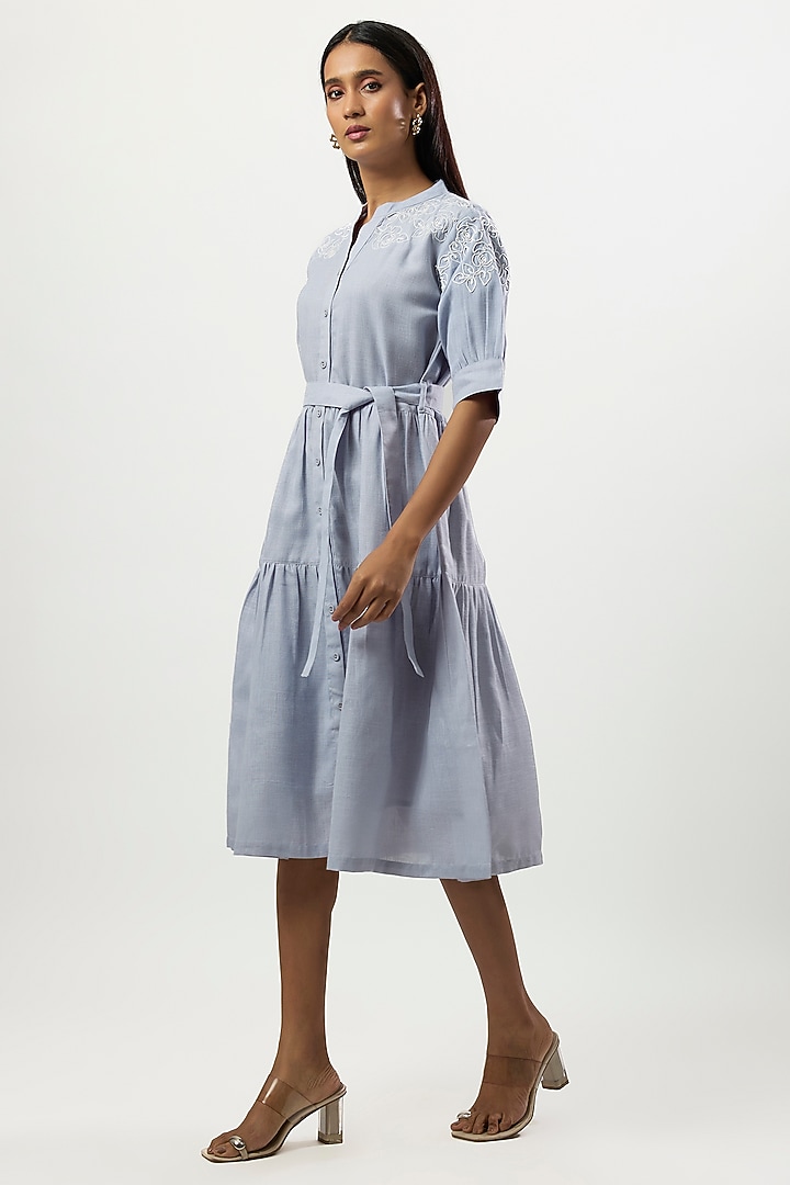 Light Blue Linen Blend Embroidered Summer Dress by Linera at Pernia's Pop Up Shop