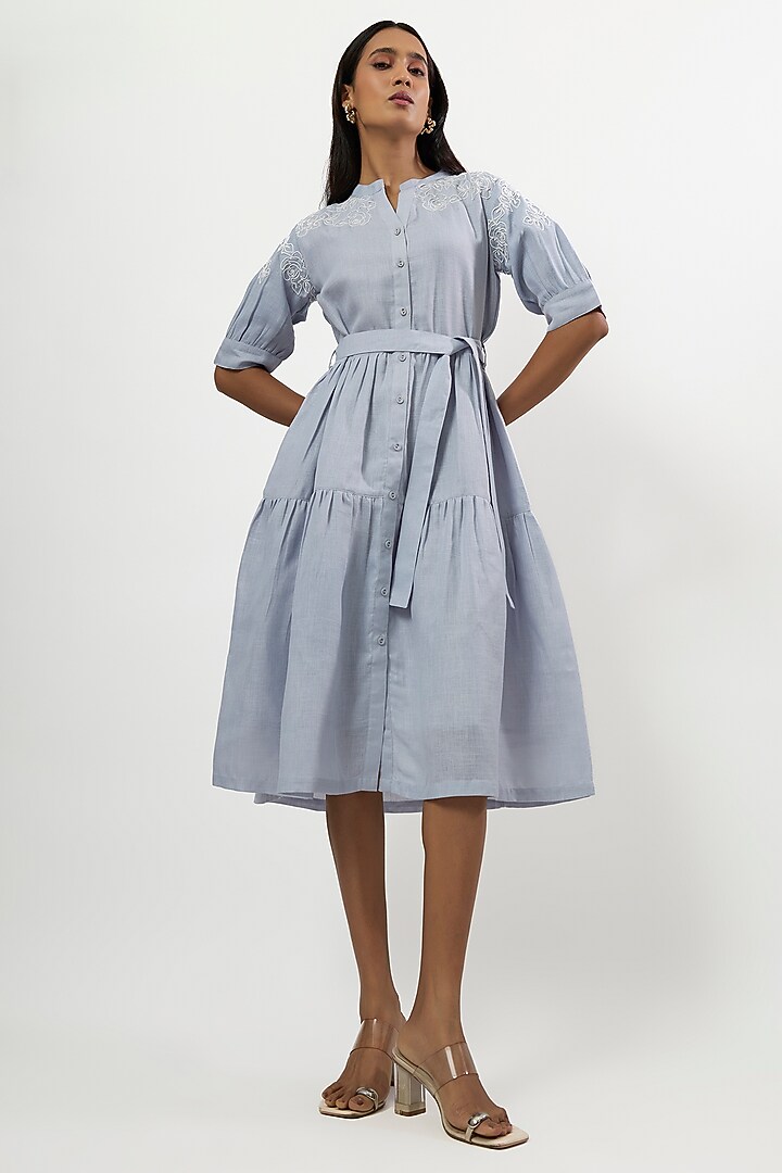 Light Blue Linen Blend Embroidered Summer Dress by Linera at Pernia's Pop Up Shop