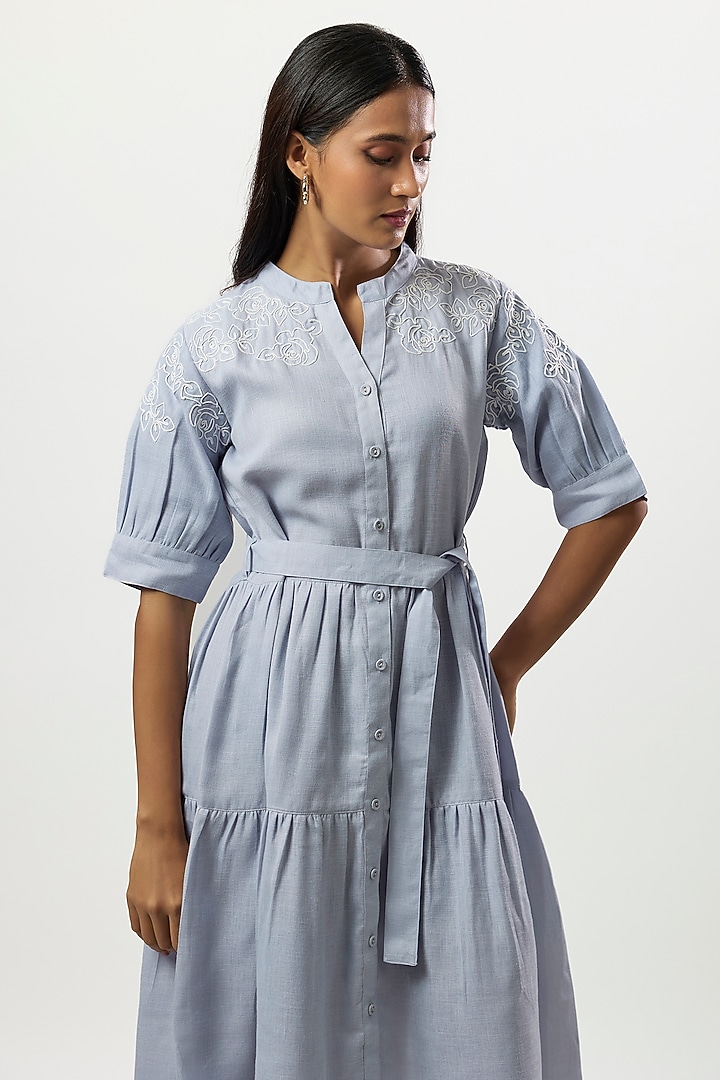 Light Blue Linen Blend Embroidered Summer Dress by Linera at Pernia's Pop Up Shop
