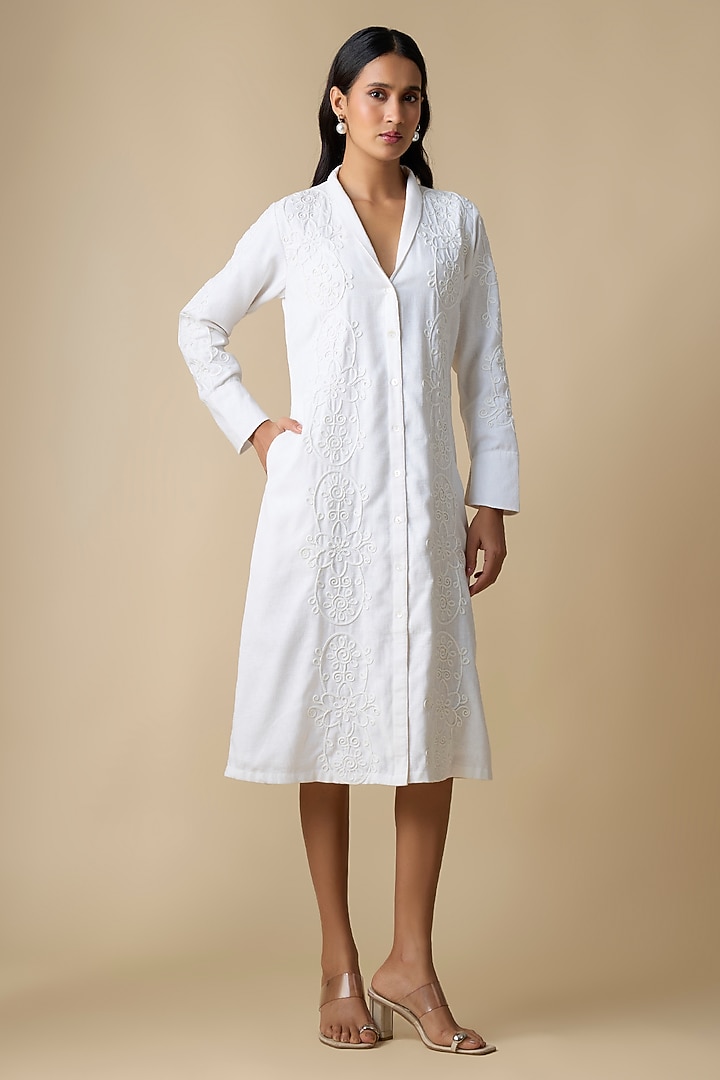 White Linen Blend Embroidered Summer Dress by Linera at Pernia's Pop Up Shop