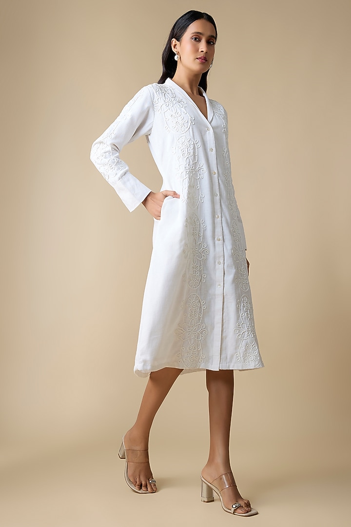White Linen Blend Embroidered Summer Dress by Linera at Pernia's Pop Up Shop