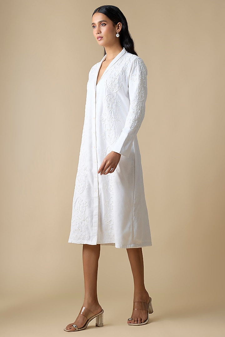White Linen Blend Embroidered Summer Dress by Linera at Pernia's Pop Up Shop