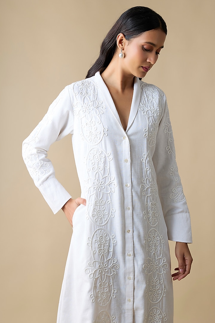 White Linen Blend Embroidered Summer Dress by Linera at Pernia's Pop Up Shop
