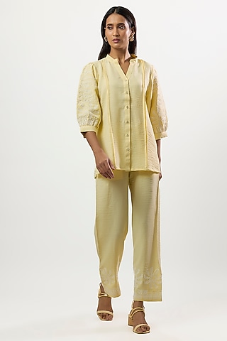 Butter Yellow Turkish Linen Embroidered Co-Ord Set by Linera