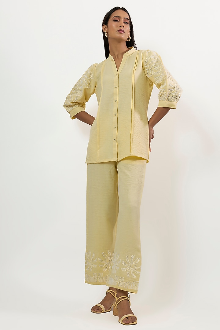 Butter Yellow Turkish Linen Embroidered Co-Ord Set by Linera at Pernia's Pop Up Shop