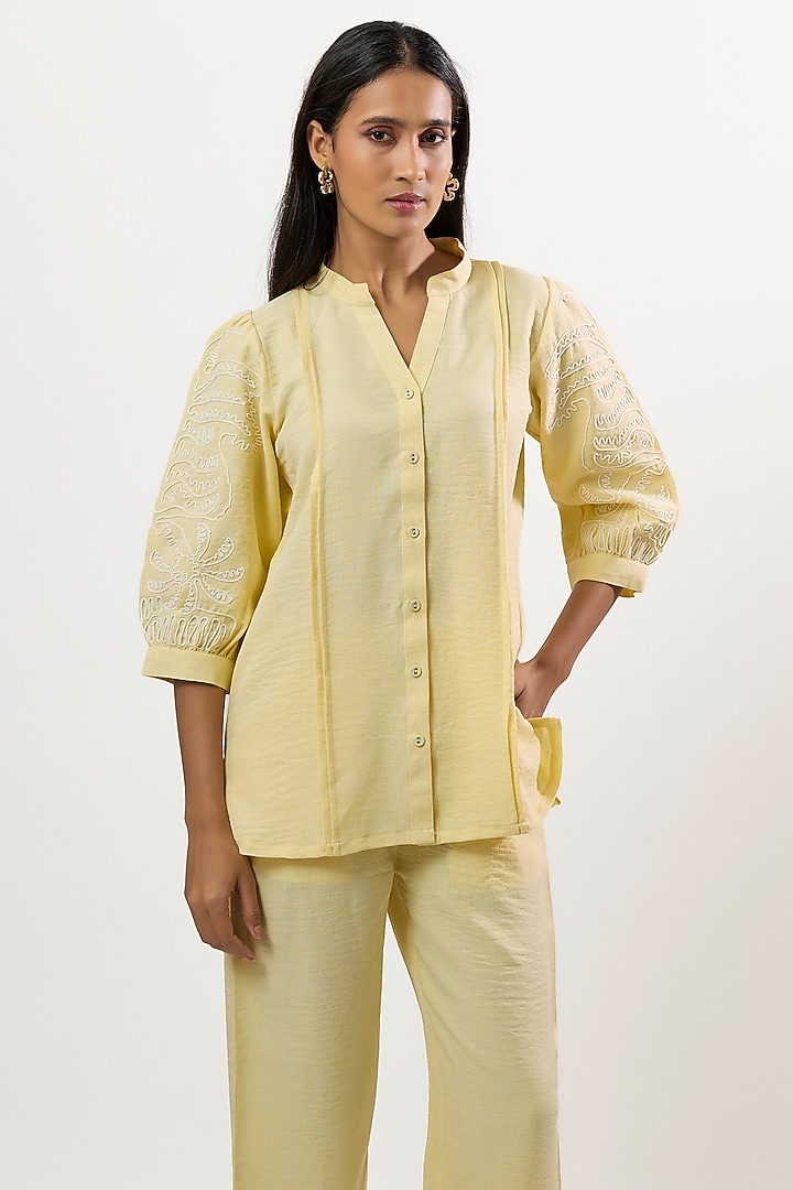 Butter Yellow Turkish Linen Embroidered Co-Ord Set by Linera at Pernia's Pop Up Shop
