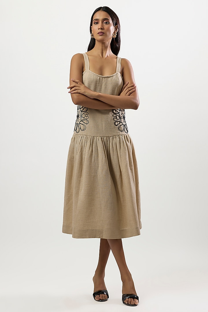 Beige Turkish Linen Cord Embroidered Summer Dress by Linera at Pernia's Pop Up Shop