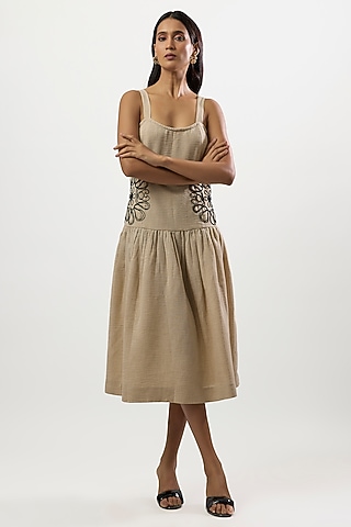 Beige Turkish Linen Cord Embroidered Dress by Linera