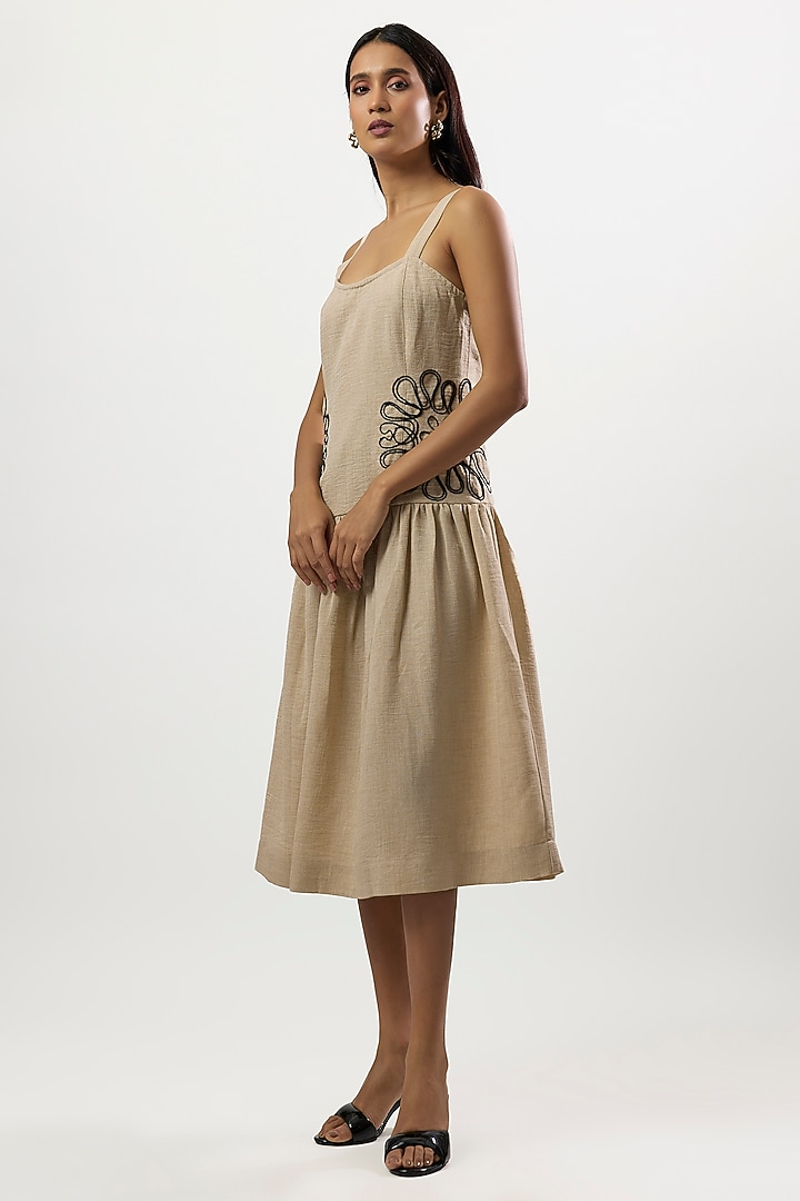Beige Turkish Linen Cord Embroidered Summer Dress by Linera at Pernia's Pop Up Shop