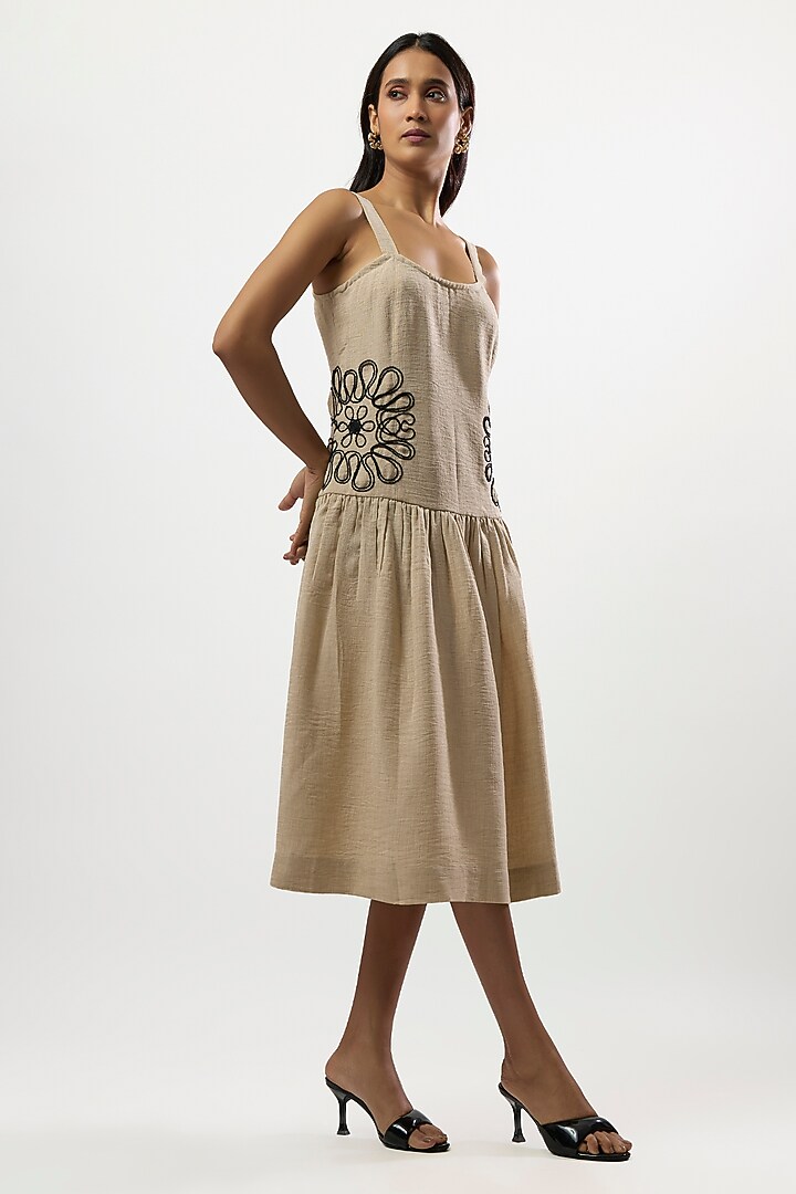 Beige Turkish Linen Cord Embroidered Summer Dress by Linera at Pernia's Pop Up Shop