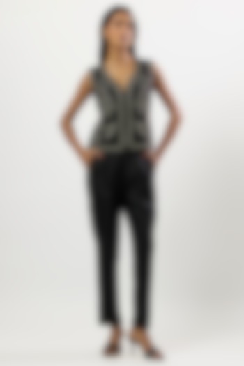 Black Linen Blend Embroidered Waistcoat Set by Linera at Pernia's Pop Up Shop