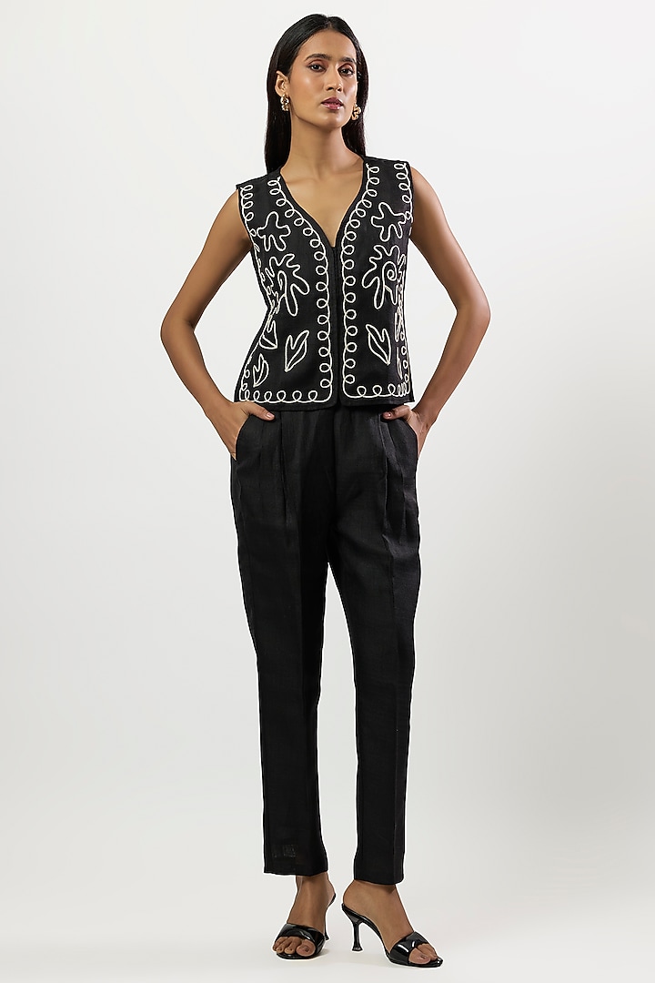 Black Linen Blend Embroidered Waistcoat Set by Linera at Pernia's Pop Up Shop