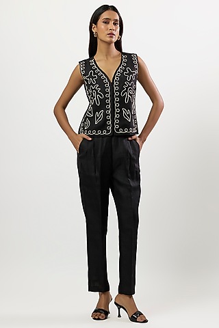 Black Linen Blend Embroidered Waistcoat Set by Linera
