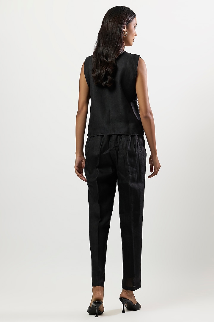 Black Linen Blend Embroidered Waistcoat Set by Linera at Pernia's Pop Up Shop