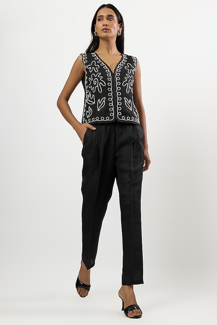 Black Linen Blend Embroidered Waistcoat Set by Linera at Pernia's Pop Up Shop
