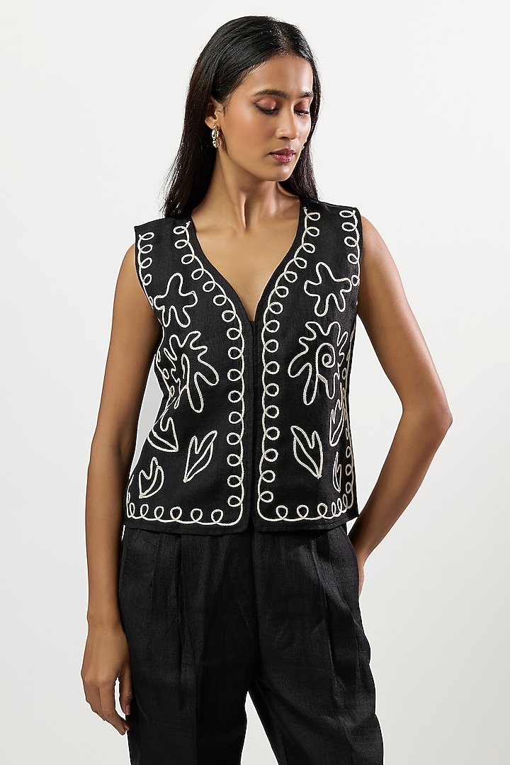 Black Linen Blend Embroidered Waistcoat Set by Linera at Pernia's Pop Up Shop