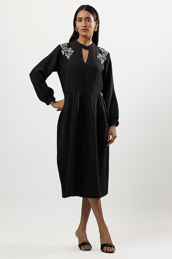 Black Turkish Linen Embroidered Midi Summer Dress by Linera at Pernia's Pop Up Shop