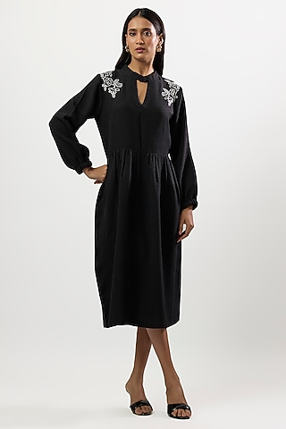 Black Turkish Linen Embroidered Midi Dress by Linera