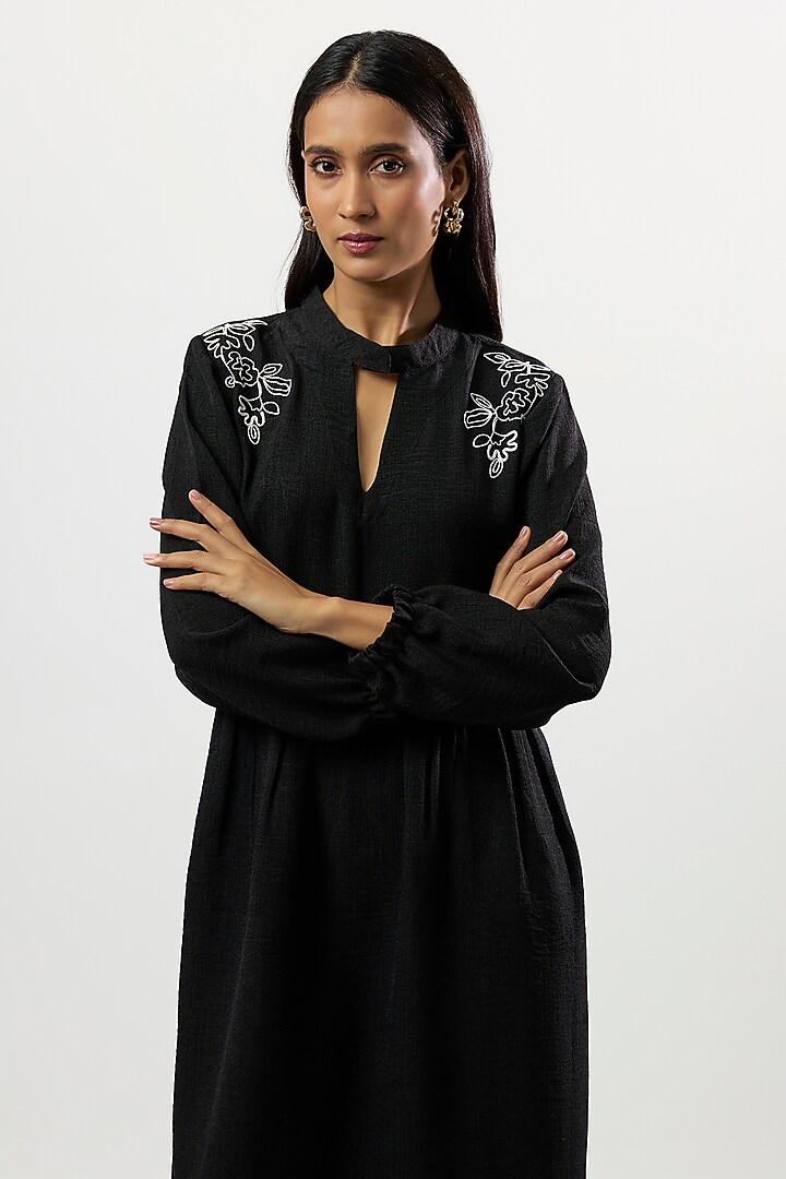 Black Turkish Linen Embroidered Midi Summer Dress by Linera at Pernia's Pop Up Shop