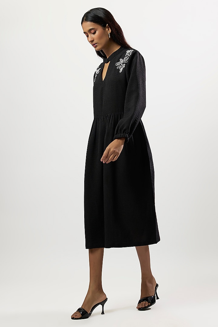 Black Turkish Linen Embroidered Midi Summer Dress by Linera at Pernia's Pop Up Shop