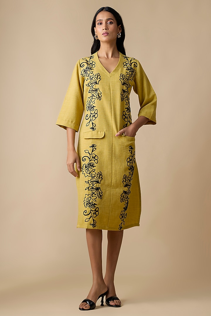 Yellow Turkish Linen Embroidered Summer Dress by Linera at Pernia's Pop Up Shop