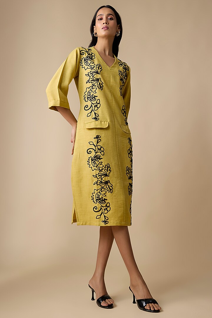 Yellow Turkish Linen Embroidered Summer Dress by Linera at Pernia's Pop Up Shop