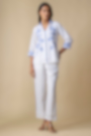 White Linen Blend Embroidered Co-Ord Set by Linera at Pernia's Pop Up Shop