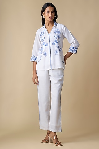 White Linen Blend Embroidered Co-Ord Set by Linera