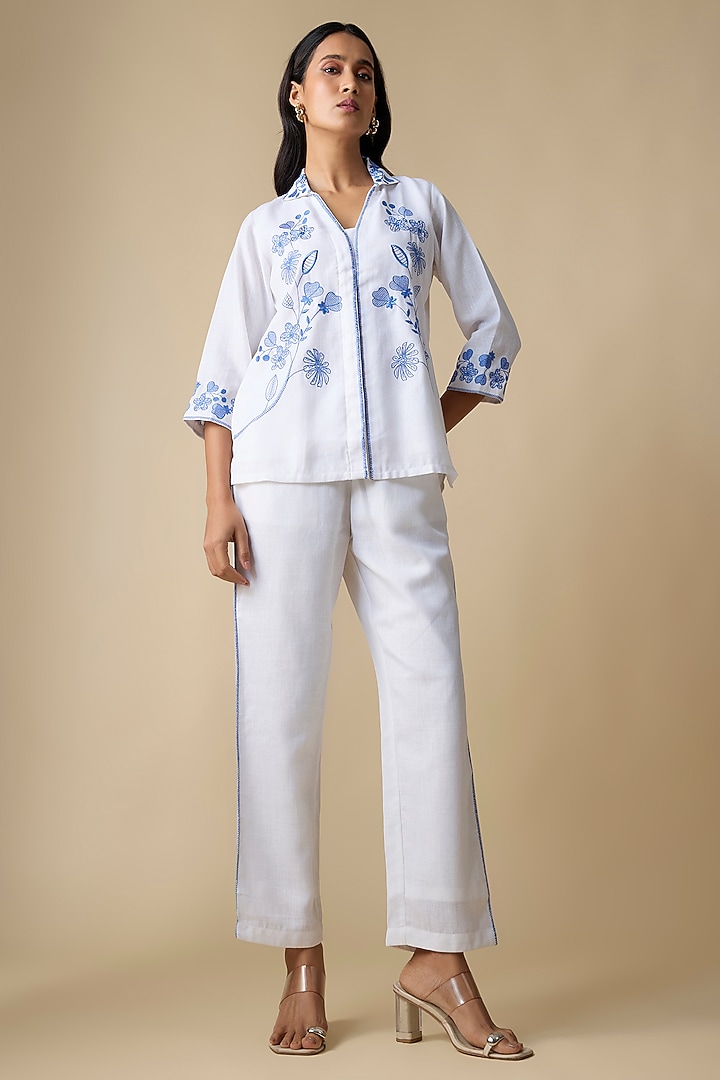 White Linen Blend Embroidered Co-Ord Set by Linera at Pernia's Pop Up Shop