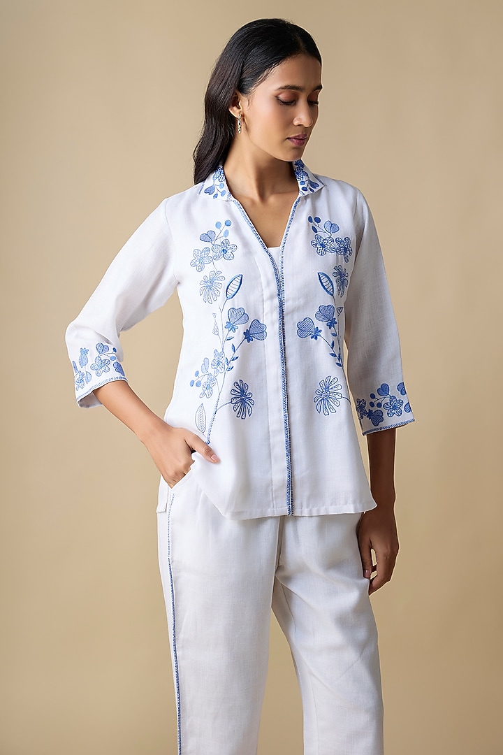 White Linen Blend Embroidered Co-Ord Set by Linera at Pernia's Pop Up Shop