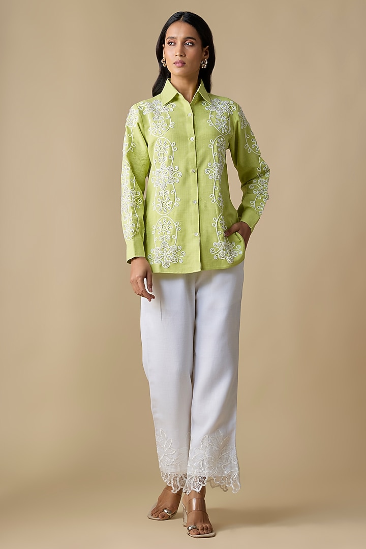 Lime Green Turkish Linen Embroidered Co-Ord Set by Linera at Pernia's Pop Up Shop