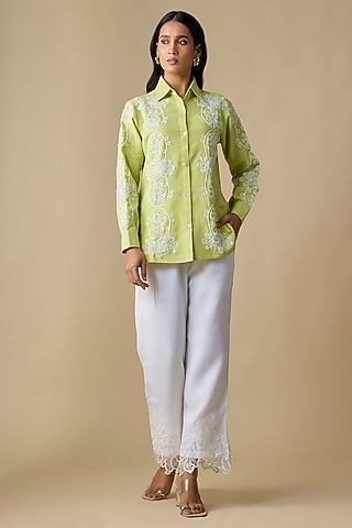 Lime Green Turkish Linen Embroidered Co-Ord Set by Linera