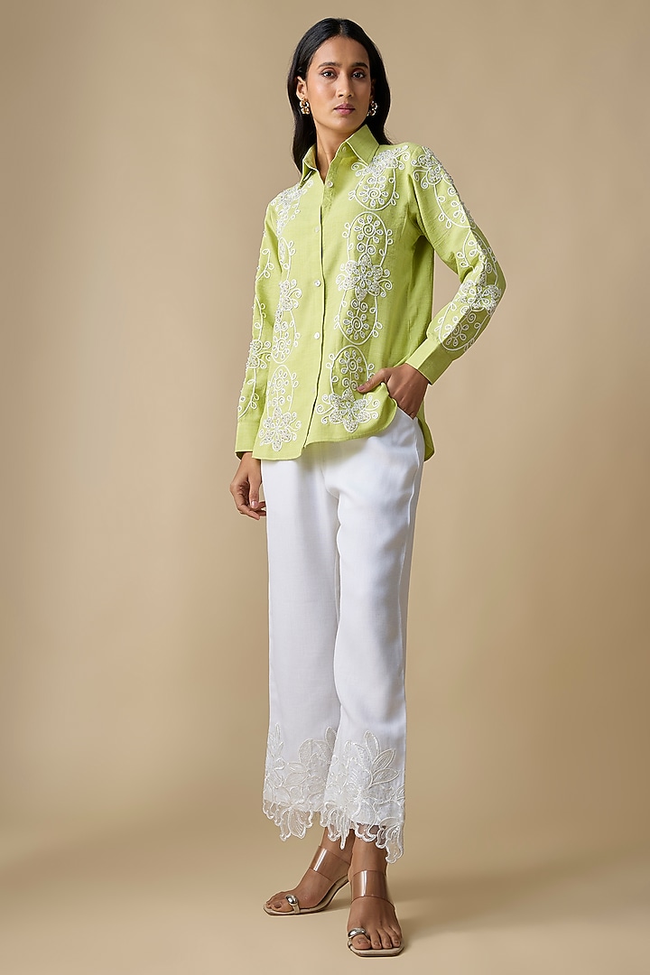 Lime Green Turkish Linen Embroidered Co-Ord Set by Linera at Pernia's Pop Up Shop