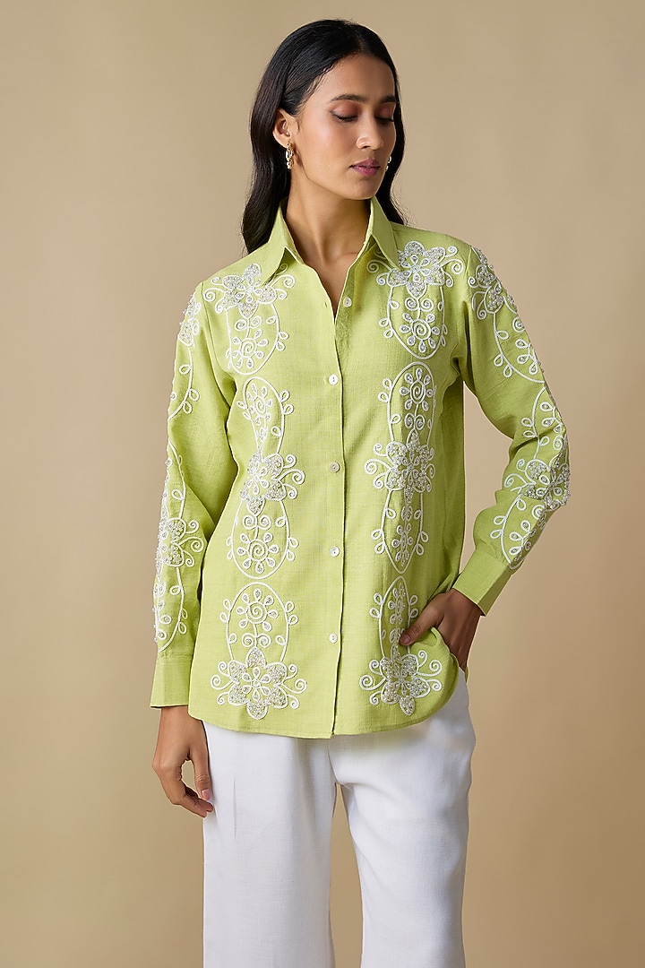 Lime Green Turkish Linen Embroidered Co-Ord Set by Linera at Pernia's Pop Up Shop