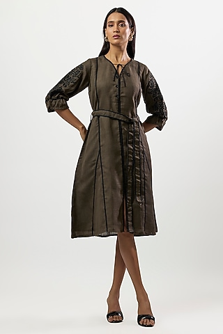 Olive Green Linen Blend Midi Dress by Linera