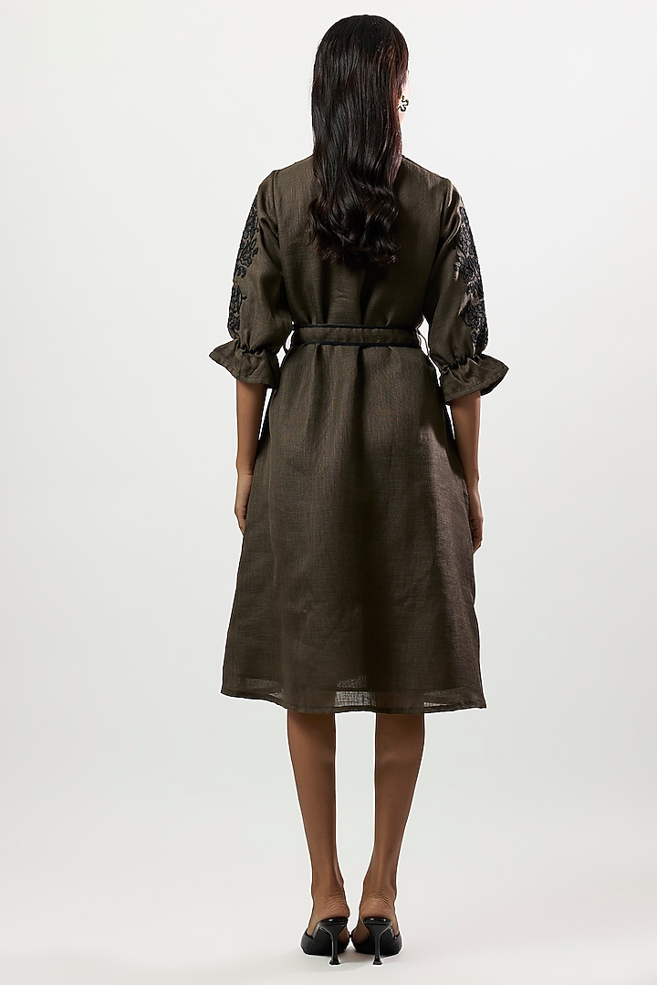 Olive Green Linen Blend Midi Summer Dress by Linera at Pernia's Pop Up Shop