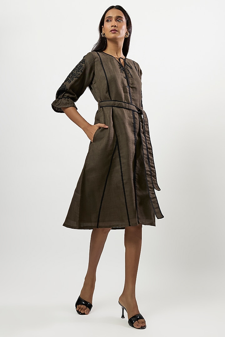 Olive Green Linen Blend Midi Summer Dress by Linera at Pernia's Pop Up Shop
